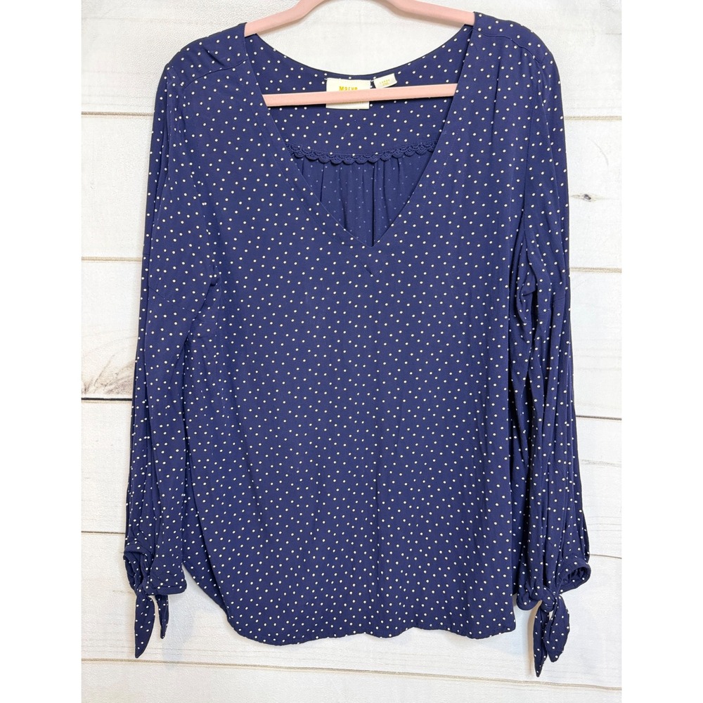 Maeve Anthropologie Navy Blue Polka Dot V-Neck Blouse‎ Tie Cuff Women Large